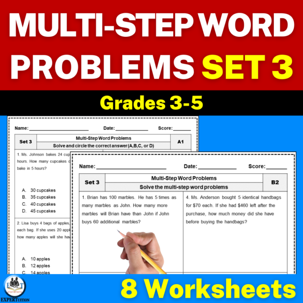 Colorful sea creatures surround a multi-step subtraction and multiplication word problems worksheet for third graders. Engaging underwater-themed worksheet for practicing math skills.
