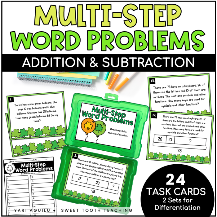 Colorful underwater scene featuring a worksheet on multi-step subtraction and multiplication with sea creatures