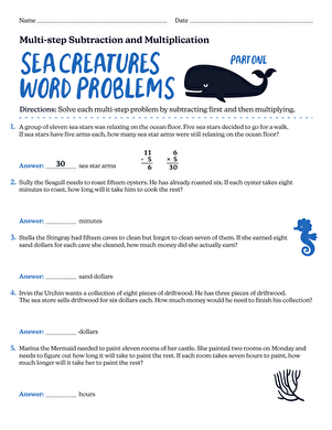 Colorful underwater scene depicting a Sea Creatures Word Problems worksheet for third graders. Engaging multi-step subtraction and multiplication activities for young learners.
