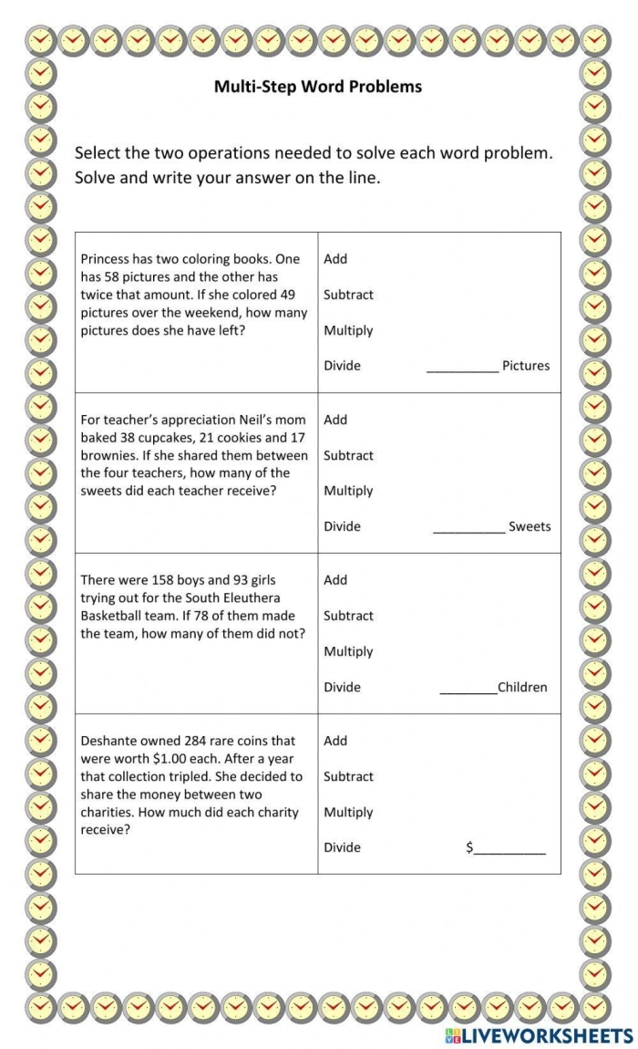 Colorful sea creatures engaging in multi-step subtraction and multiplication word problems for third graders. Underwater-themed worksheet for practicing math skills.
