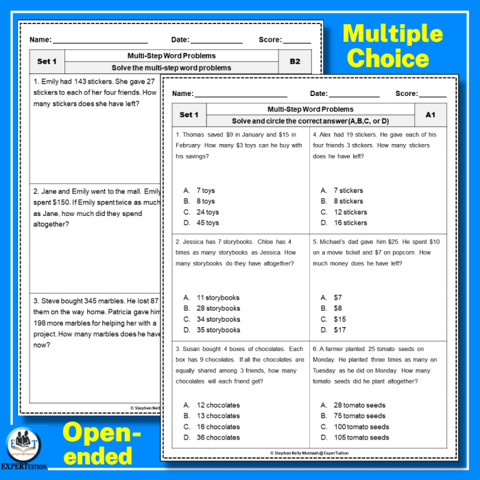 Colorful worksheet featuring sea creatures for multi-step subtraction and multiplication practice