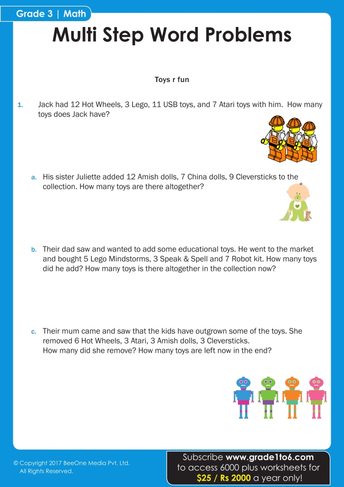 Colorful sea creatures featured on a multi-step subtraction and multiplication worksheet for third graders