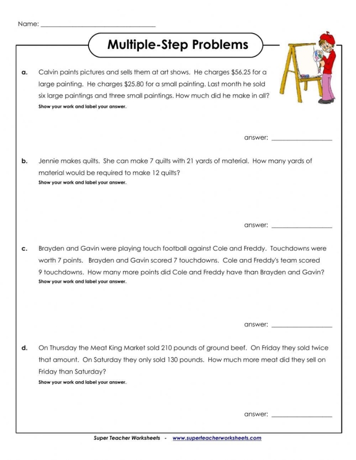 Colorful underwater scene featuring a Sea Creatures Word Problems worksheet for third graders