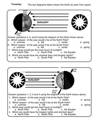 Use a Model to Identify Earth’s Seasons worksheet for sixth grade science lesson 11 Sixth grade student examining a diagram about planetary tilt and seasonal changes in a geometry worksheet