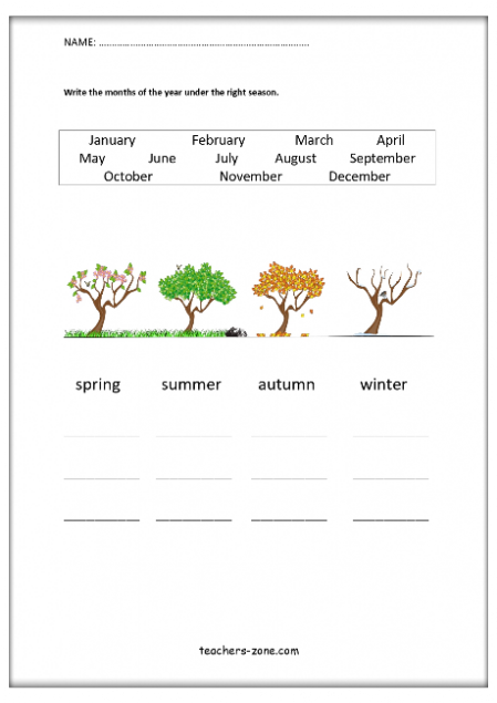 Seasons and Months Match-Up Activity for Young Learners Children matching seasons to months with fall winter spring and summer pictures on a kindergarten worksheet