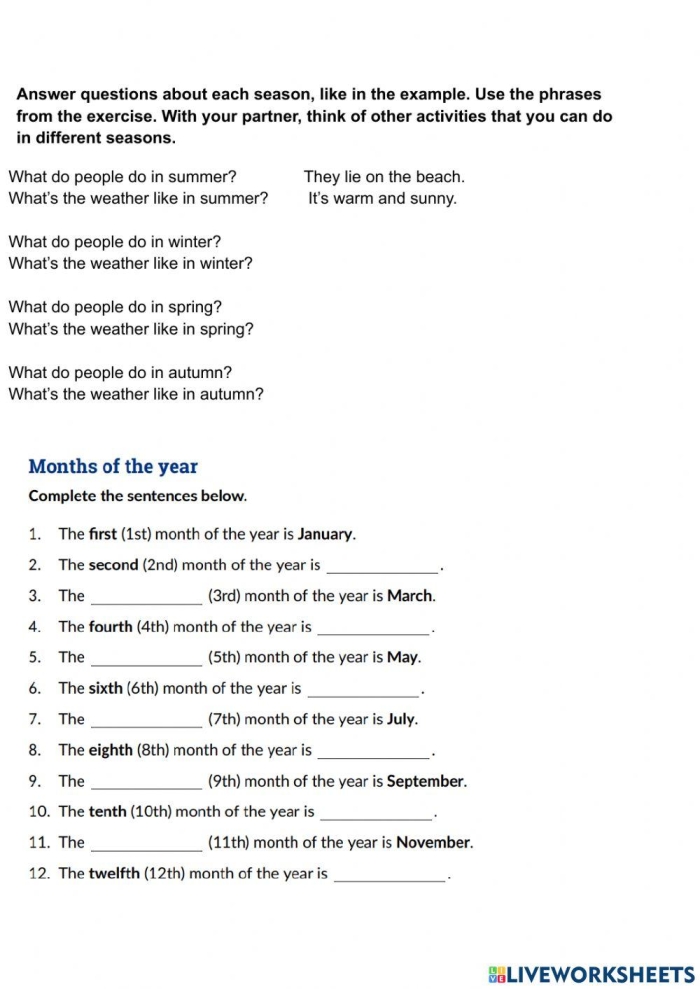 Seasons and Months Matching Activity Page 6 Kindergarten worksheet for matching calendar months and the four seasons