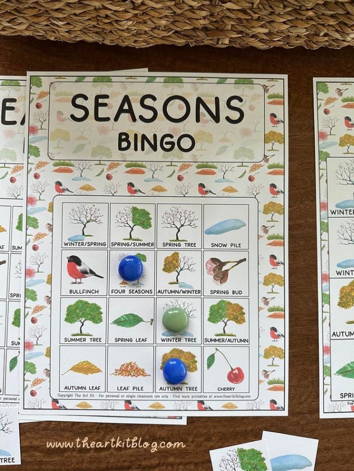 Colorful Seasons Playing Cards worksheet featuring themed cards for winter, spring, summer, and fall