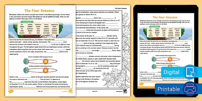 Worksheet featuring spelling corrections for sentences about seasons