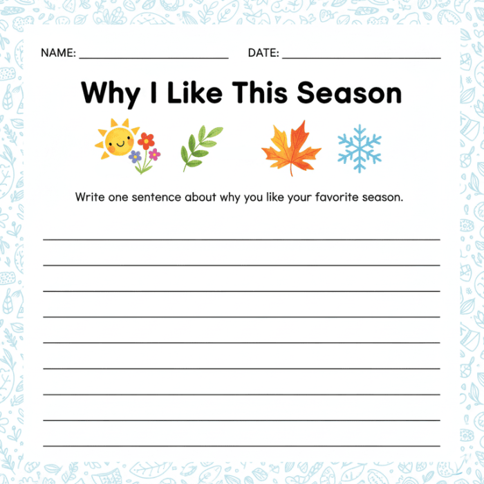Third grade worksheet featuring a writing prompt about personal favorite seasons for students to complete