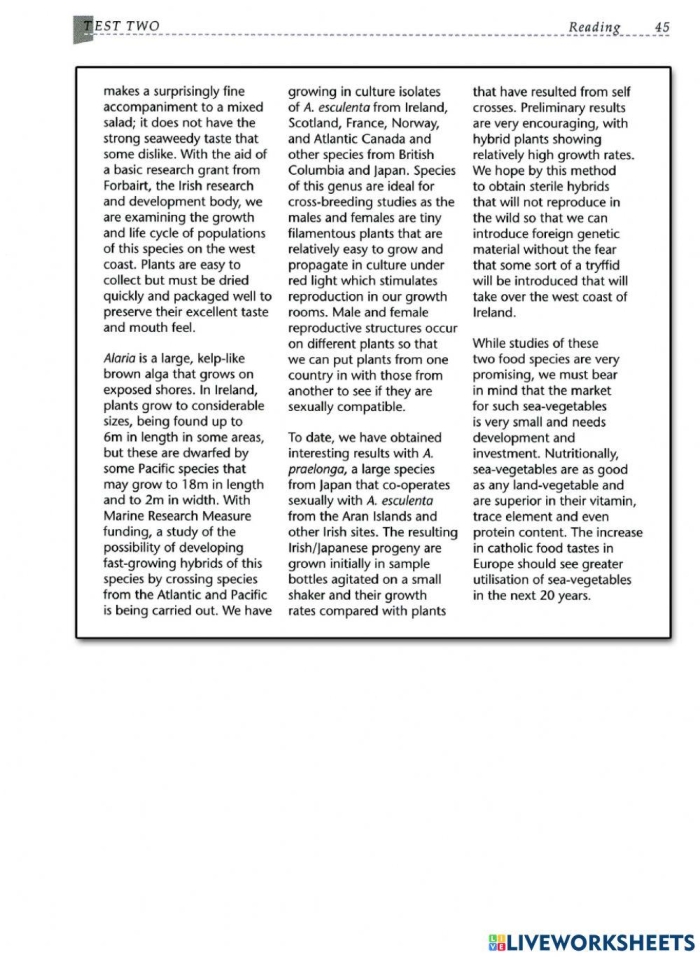 Worksheet titled "Sustaining the World With Seaweed" for engaging reading activities Informational reading comprehension worksheet focused on seaweed for seventh-grade students