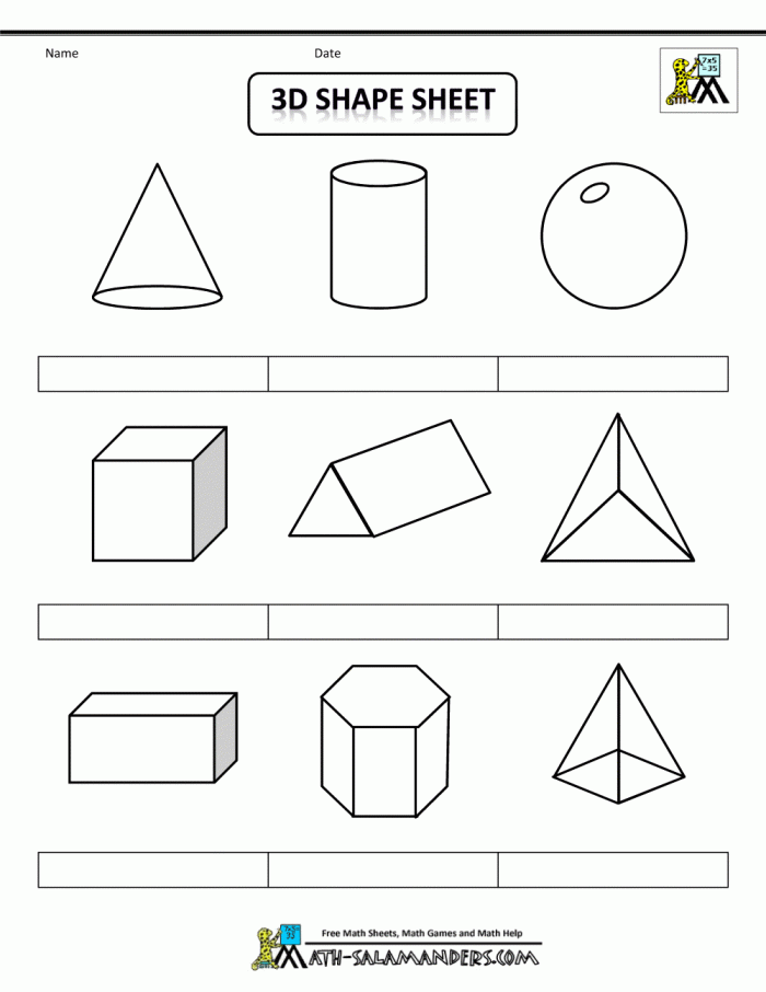 Worksheet illustrating 3D geometric shapes with a fill-in chart for identifying faces, vertices, and edges