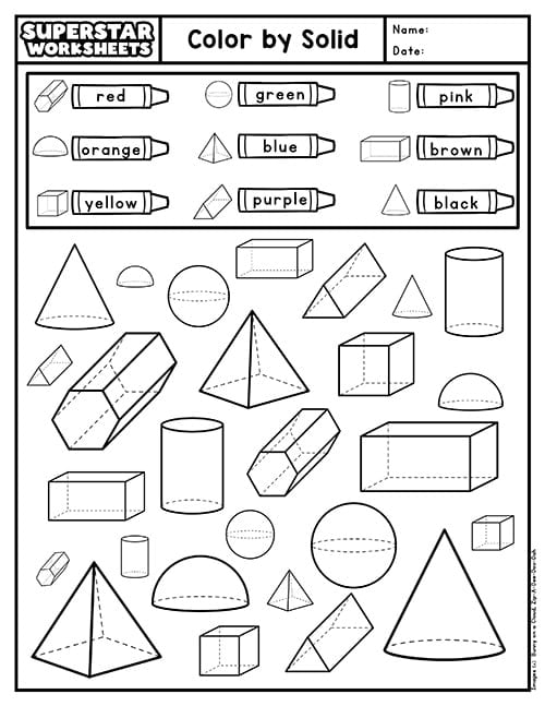 Geometric Shapes worksheet for second graders focusing on 3D shape attributes