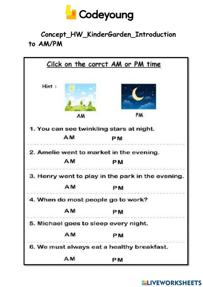Telling Time: A.M. or P.M.? worksheet for kids Worksheet for teaching a.m. and p.m. concepts to second graders in Arabic