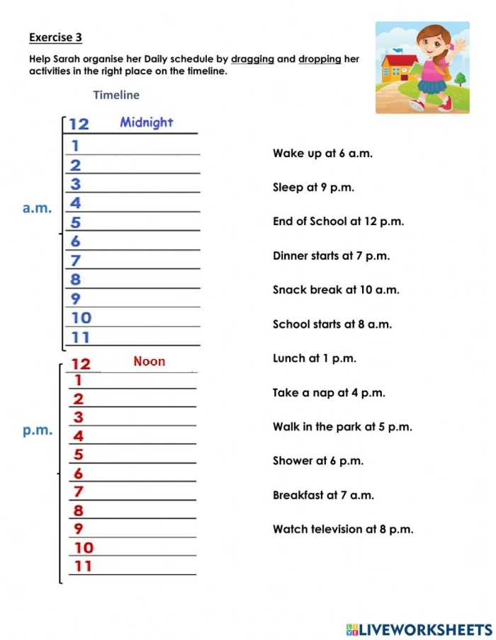 Telling Time: A.M. or P.M.? worksheet for Arabic learners in grade two Worksheet for teaching second graders about a.m. and p.m. events