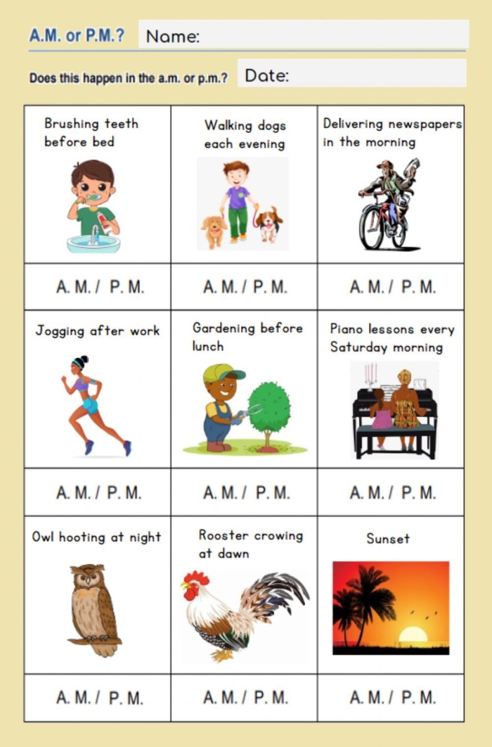 Telling Time: A.M. or P.M.? worksheet for children Worksheet for teaching a.m. and p.m. concepts to second graders in Arabic