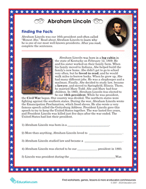 Abraham Lincoln Facts worksheet for second graders featuring a short biography and quiz questions