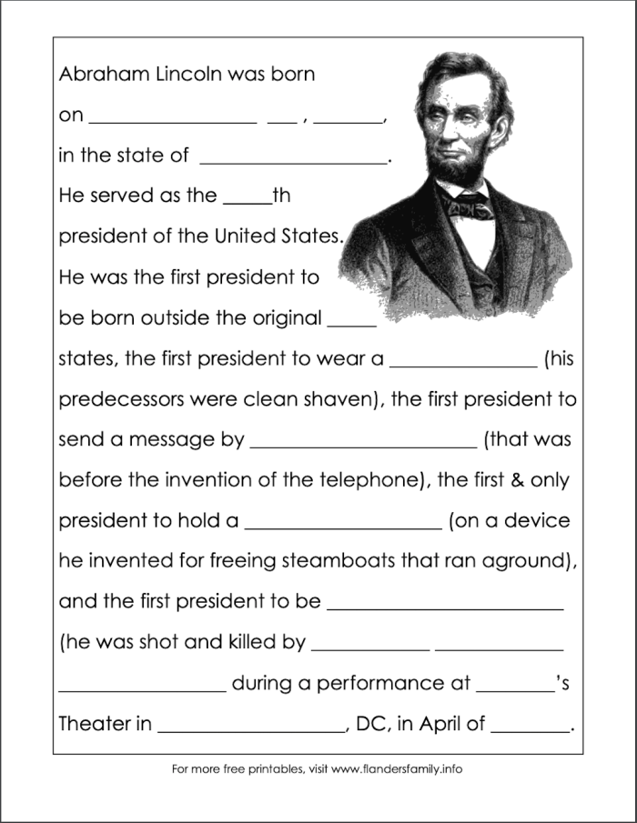 Abraham Lincoln Facts worksheet for second graders with quiz questions
