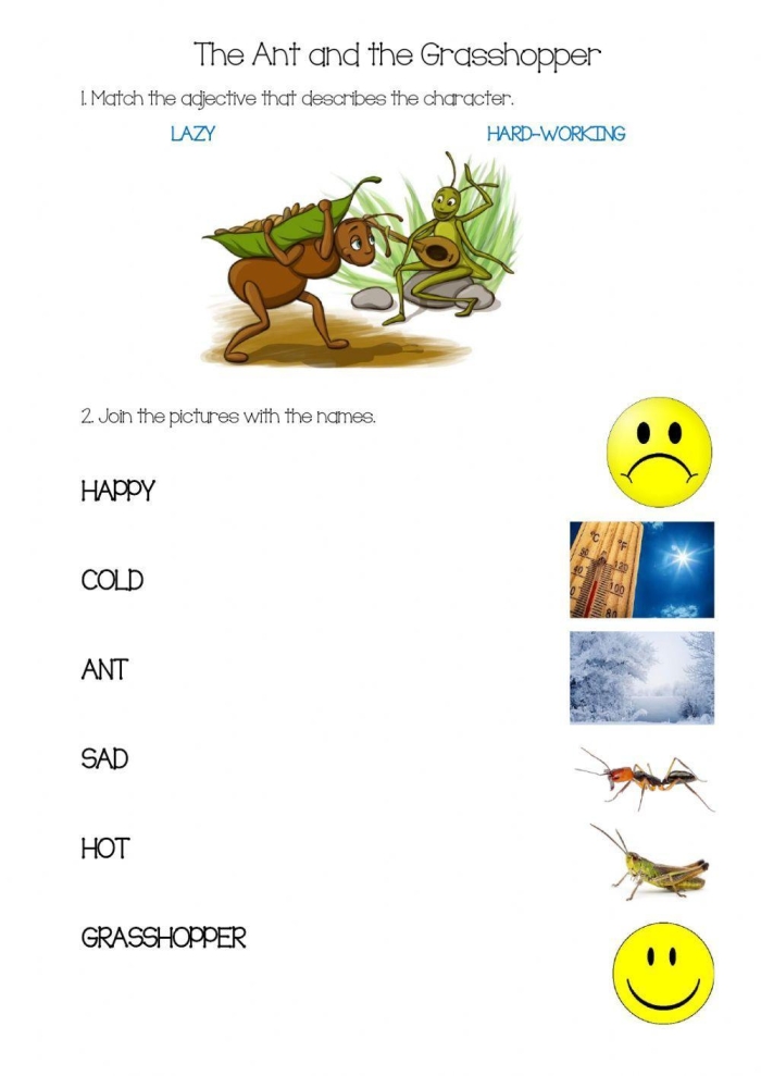 Worksheet illustrating "The Ant and the Grasshopper" fable for understanding author’s purpose
