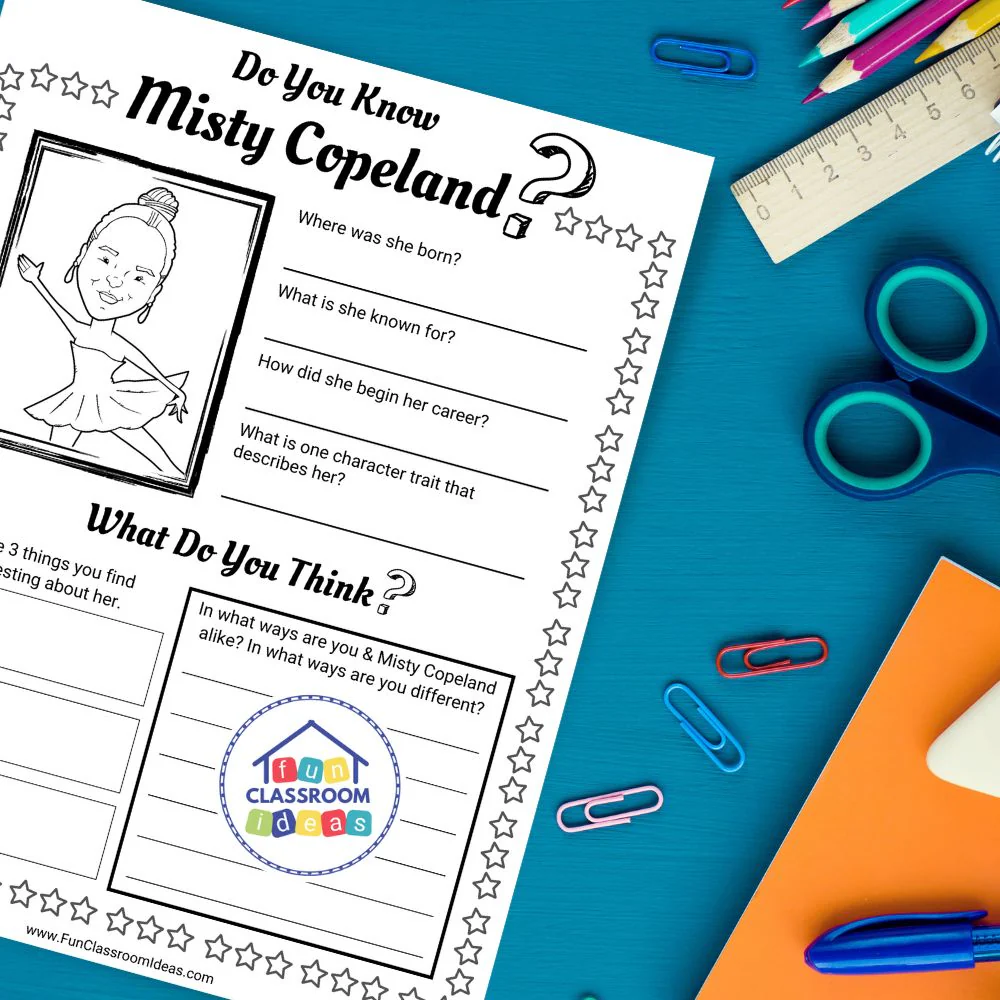 A second grade spelling and reading comprehension worksheet about Misty Copeland