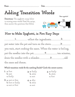 Second grade student working on an Adding Transition Words worksheet about pasta instructions