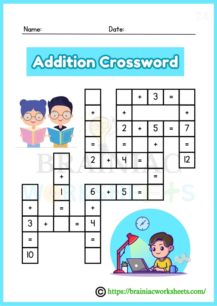 Second grade 2-digit addition crossword math worksheet number 16
