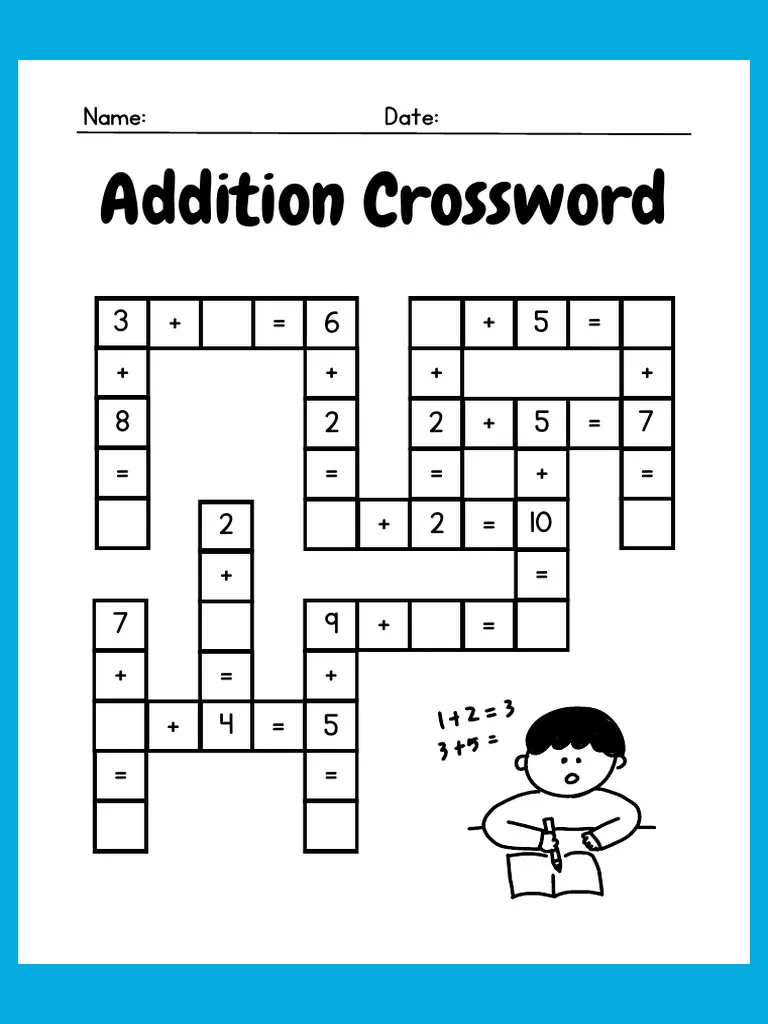 Second grade math student completing an addition crossword puzzle with two digit numbers