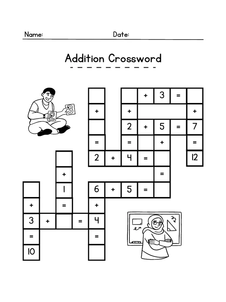 Second grade addition crossword worksheet featuring 2-digit math problems