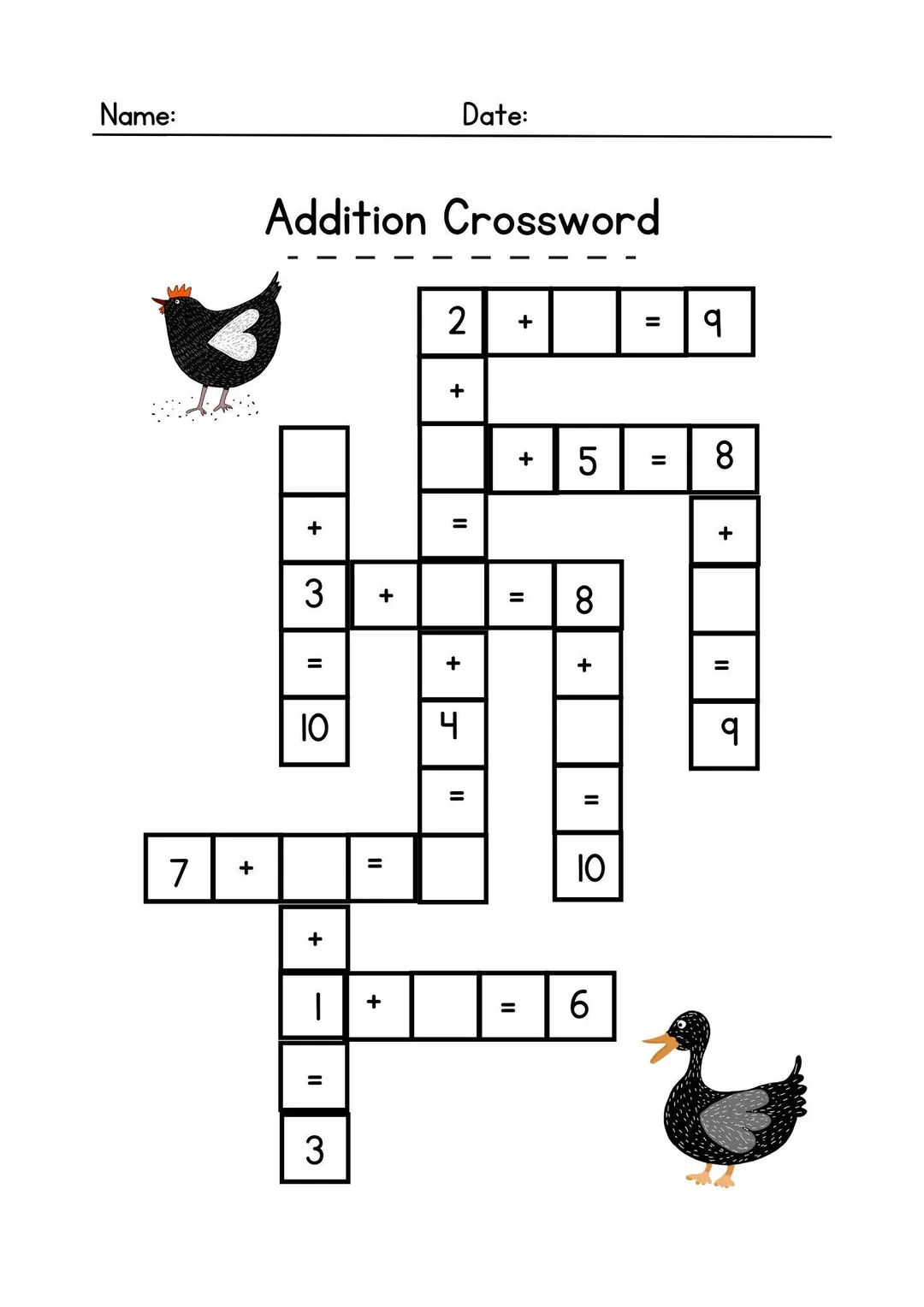 Second grade student solving a 2-digit addition crossword puzzle worksheet