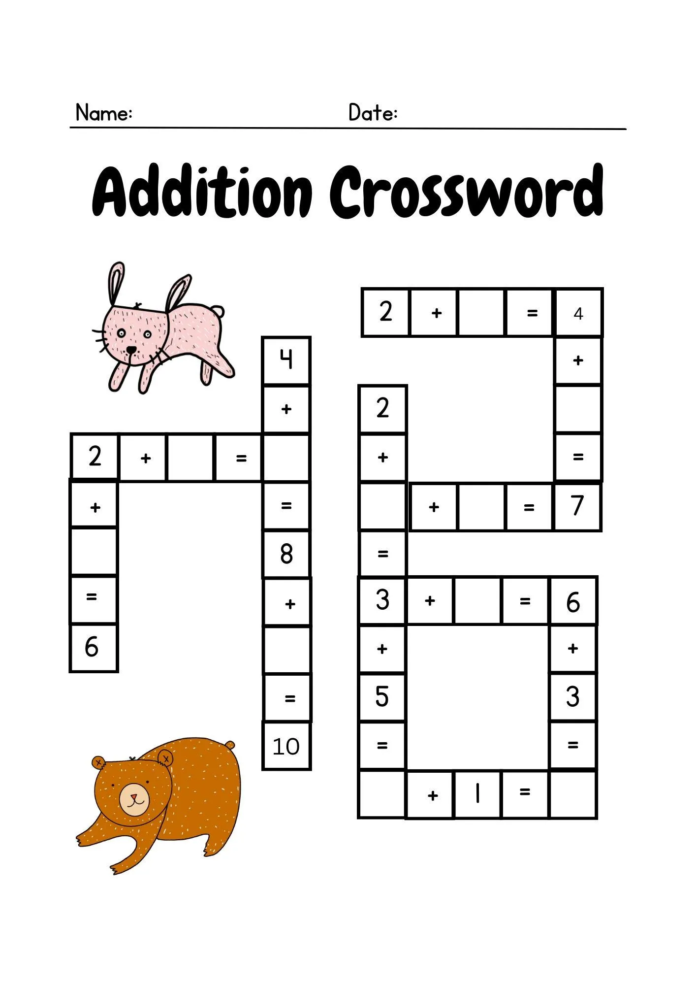 Second grade math worksheet featuring a 2-digit addition crossword puzzle for arithmetic practice