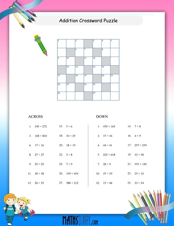 Second grade student working on a 2-digit addition crossword puzzle worksheet