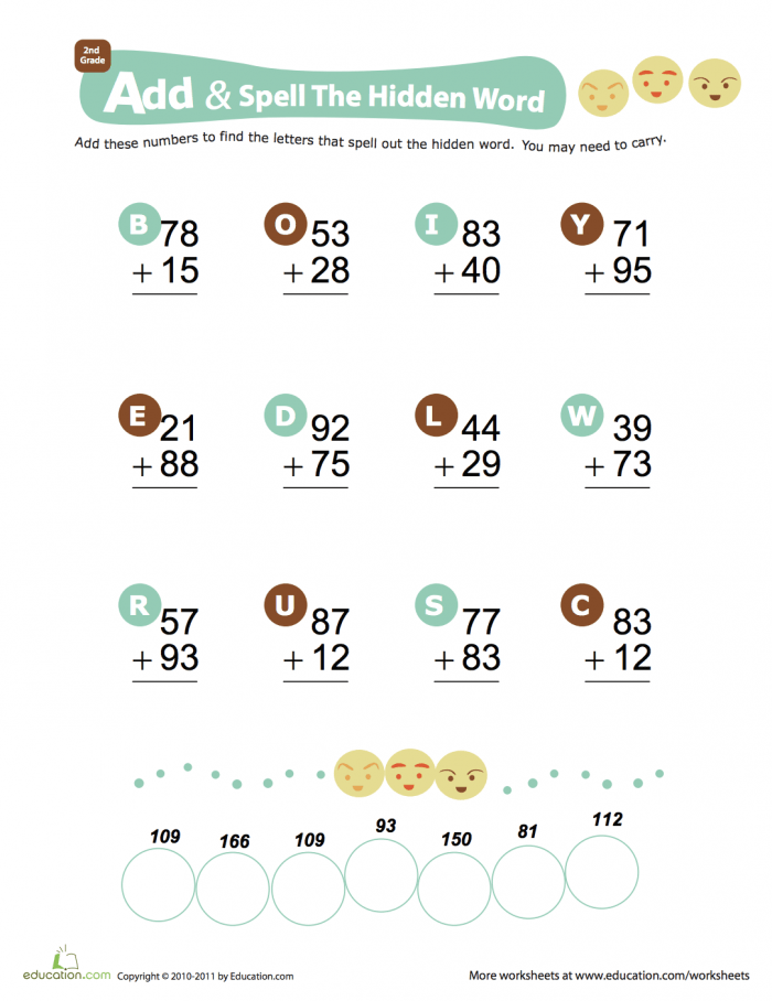Second grade addition worksheet with math problems that reveal a hidden word puzzle when solved correctly