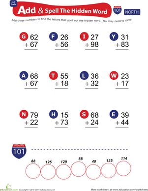 Second grade math worksheet featuring addition problems and a hidden word puzzle for history class