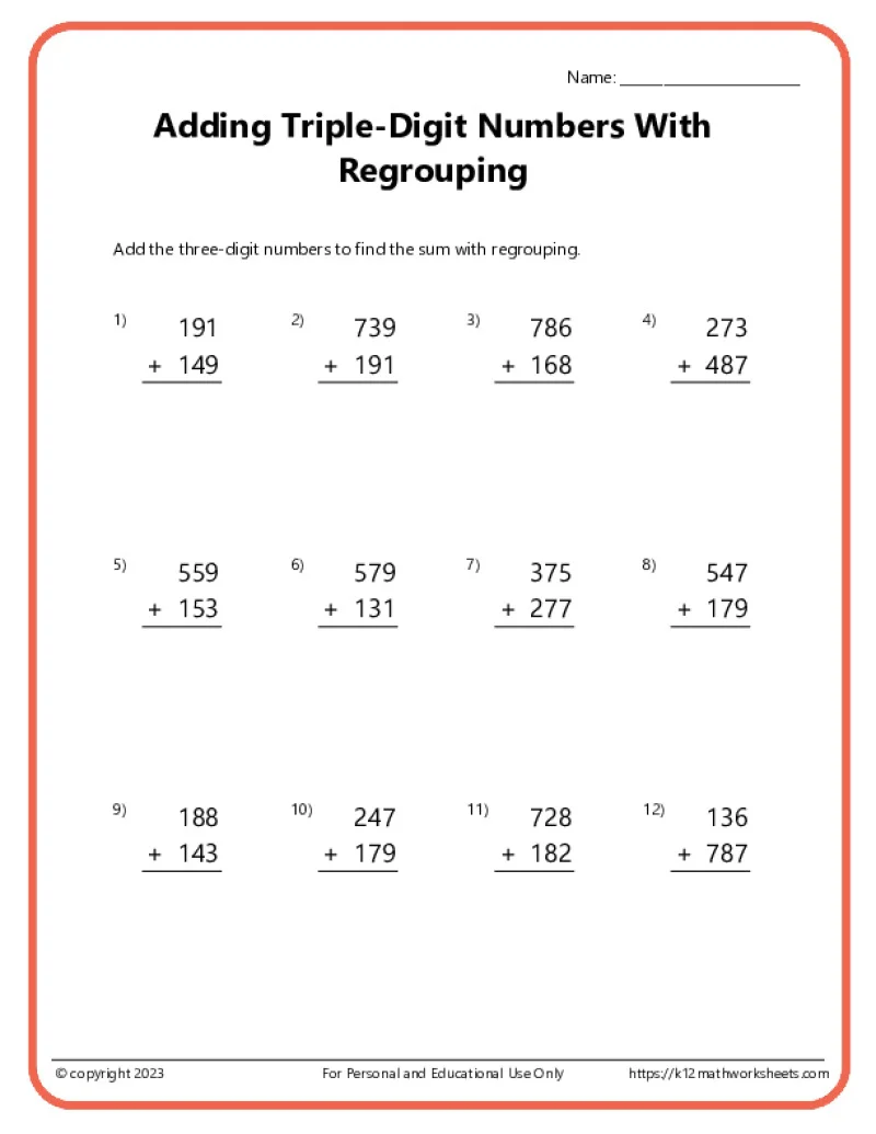 Three-digit addition practice problems displayed for second grade learners to solve at home
