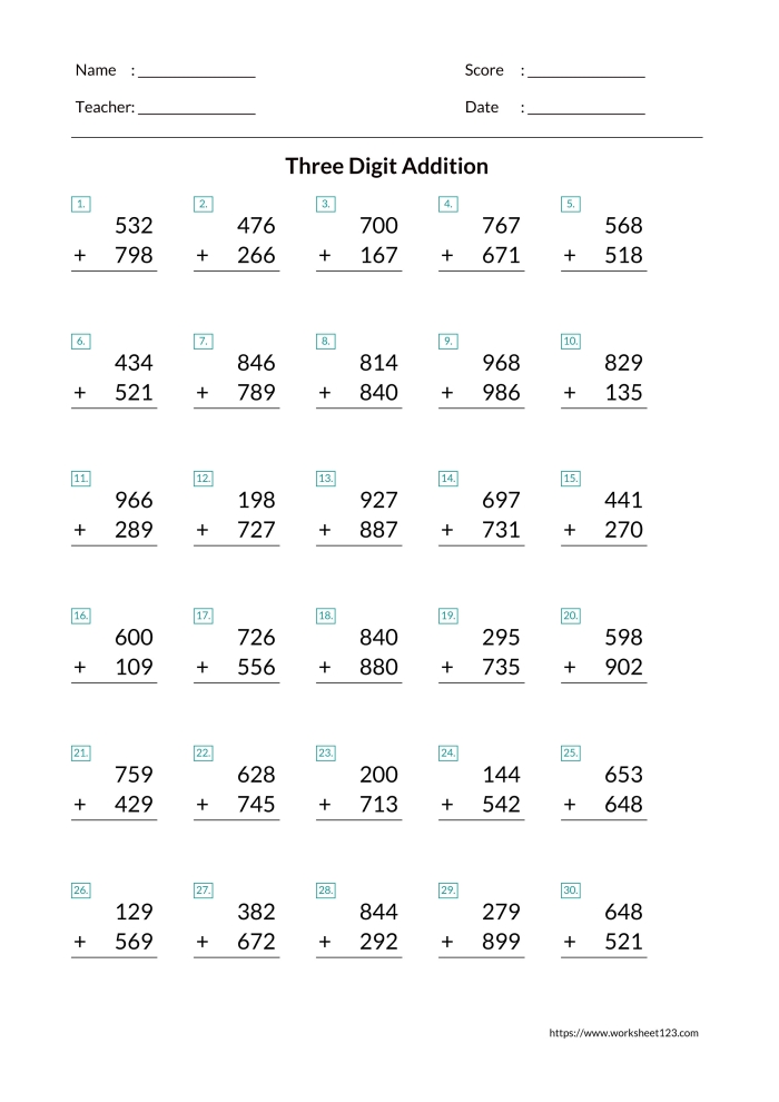 Math Notes worksheet 24 showing children practicing addition of three-digit numbers Second grade students solving three-digit addition problems without regrouping using place value strategies