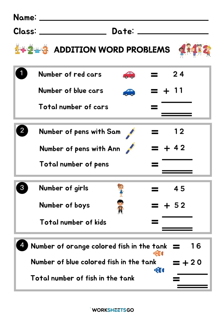 Kids solving two-digit addition word problems on a worksheet