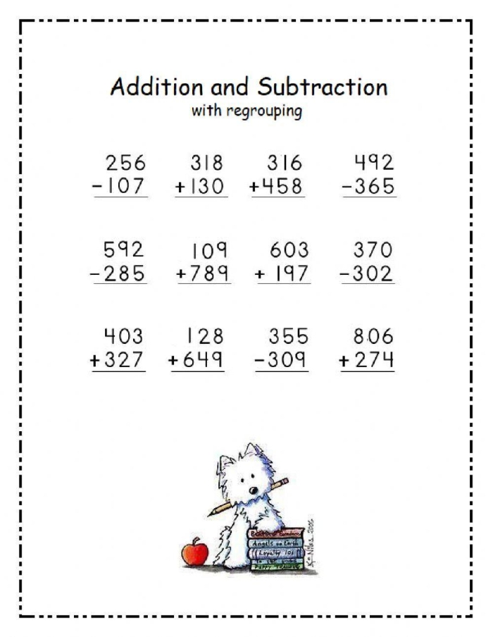 Second grade math worksheet featuring addition and subtraction problems with regrouping for practice test 15