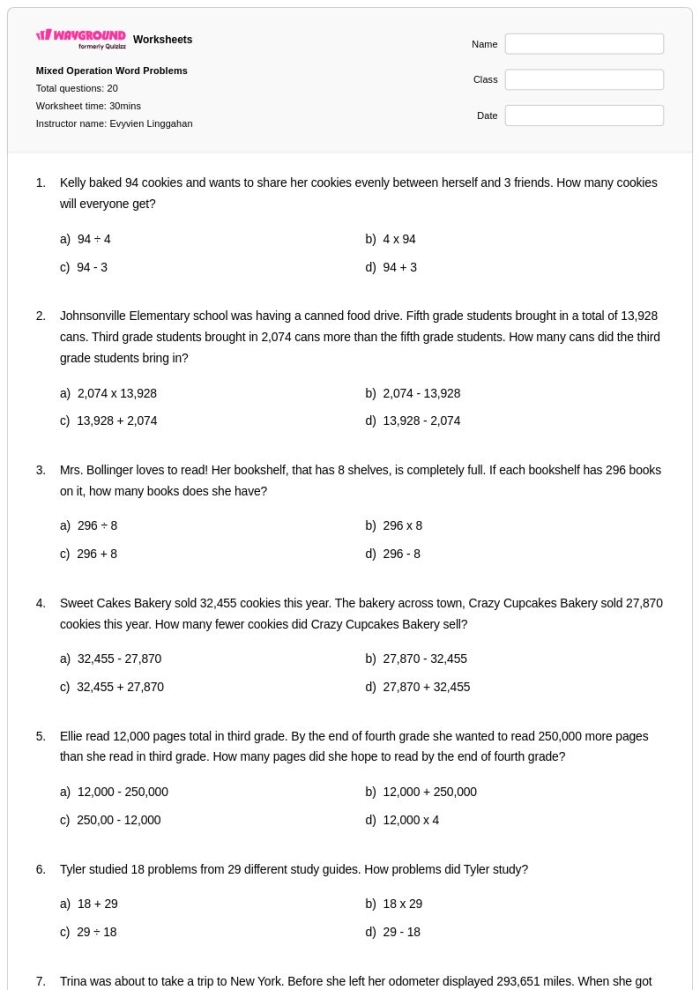 Mixed Operation Word Problem Check-in Worksheet for Second Grade Addition and Subtraction Practice Second grade student working on a three-digit addition and subtraction mixed operation word problem worksheet