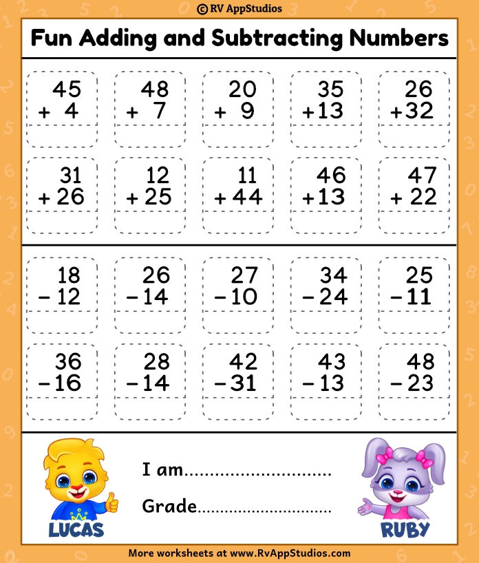 Second grade addition and subtraction math practice worksheet number twenty