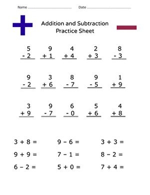 Second grade math worksheet featuring two-digit addition and subtraction practice problems