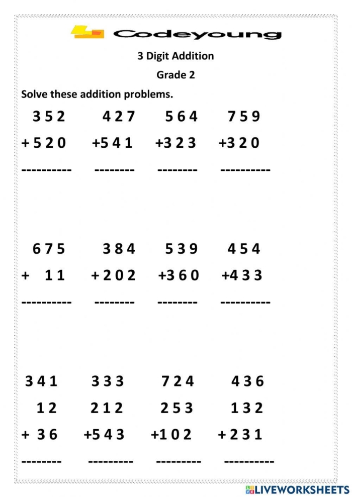 Math worksheet showing two three-digit numbers being added together for elementary learners Three-digit addition problems without regrouping for second grade students to practice place value and addition skills