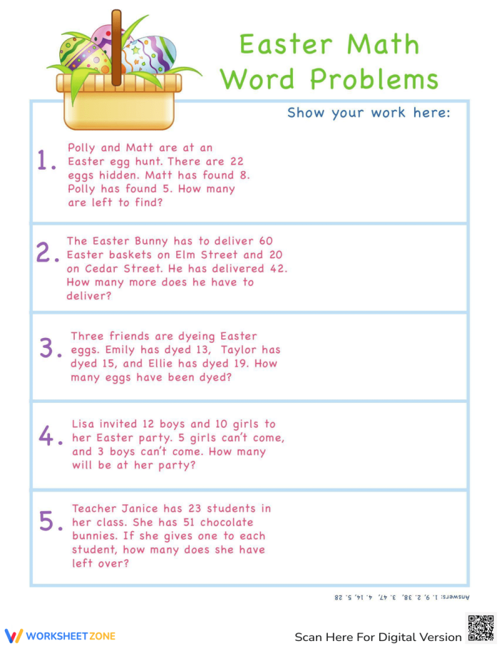Easter Algebra Addition Practice Worksheet for Second Grade Students Second grade student solving addition word problems on an Easter themed math worksheet