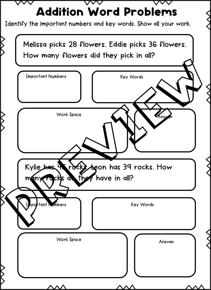 Word Problems Addition Practice: Shopping and Money Math for Grade 2 Second grade word problems worksheet showing shopping and money scenarios for practicing three digit addition skills