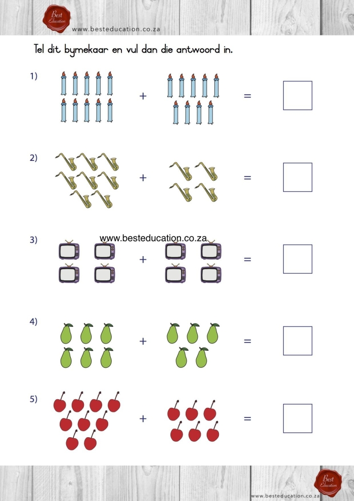Second grade addition worksheet featuring colorful illustrations and simple math problems