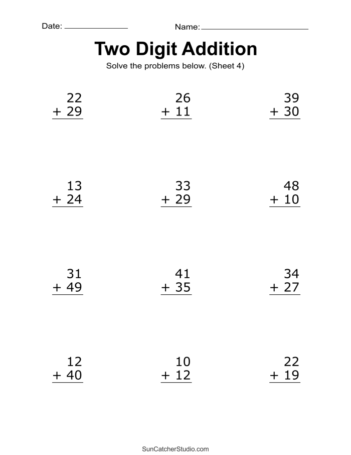A colorful addition worksheet designed for second graders with various math problems