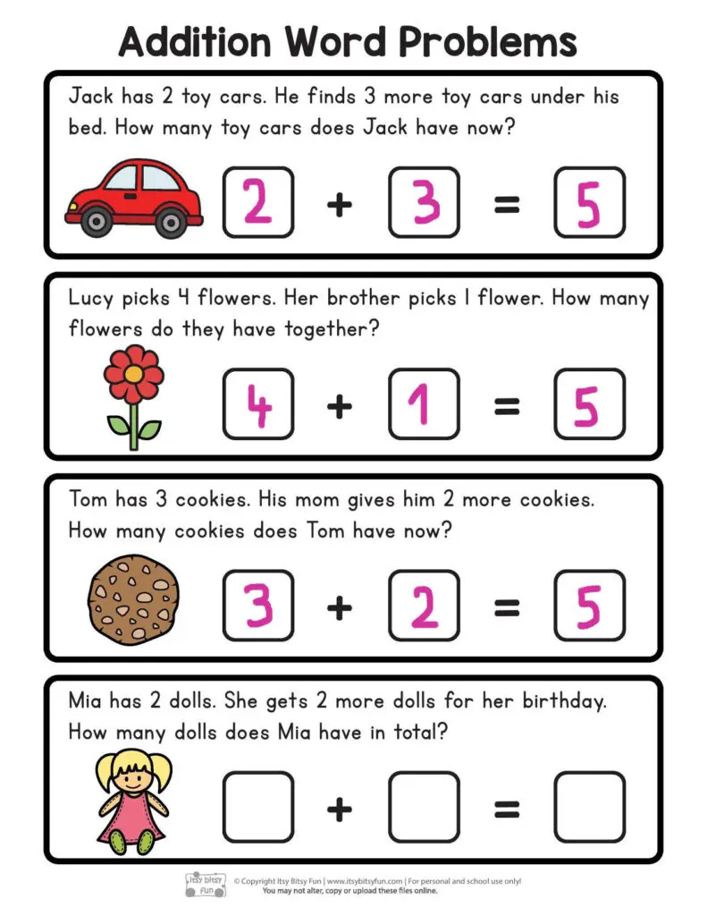 Children solving addition word problems on a worksheet for second graders