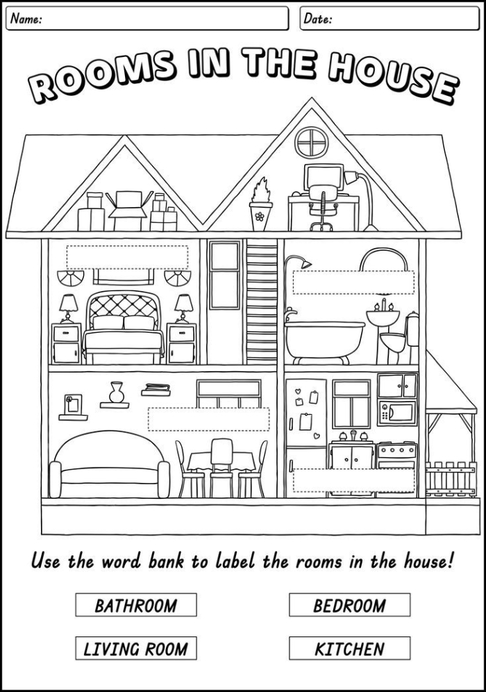 Worksheet featuring rooms in a house for second graders to practice addition skills
