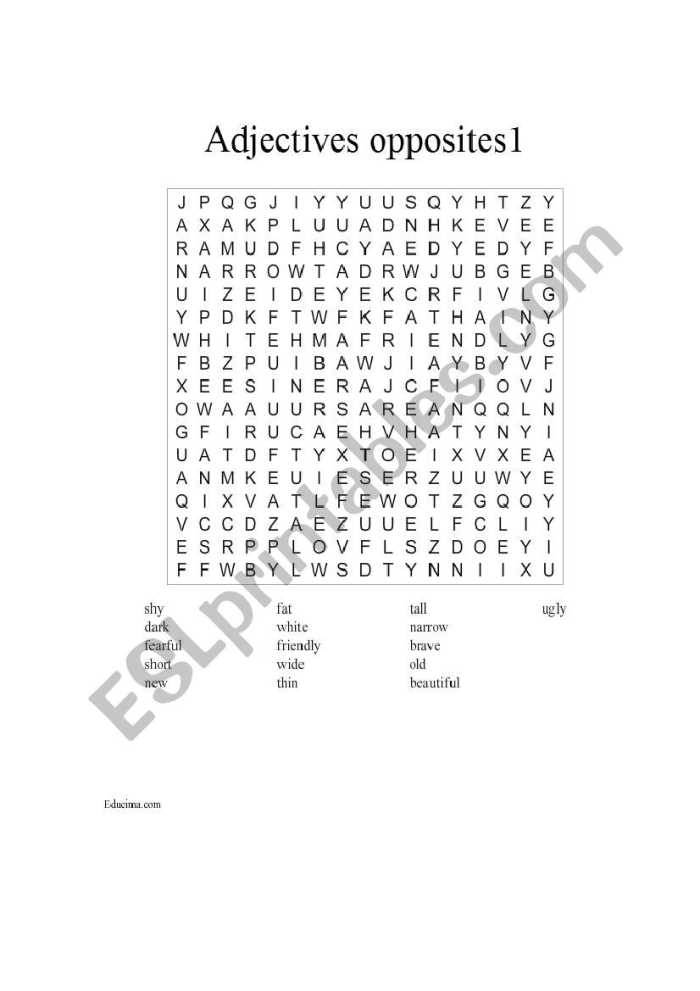Adjective word search worksheet for second graders focusing on descriptive words