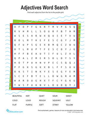 Second grade adjective word search phonics worksheet featuring a list of descriptive words to find