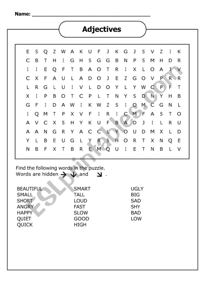 Adjective word search worksheet for second graders focused on phonics and parts of speech