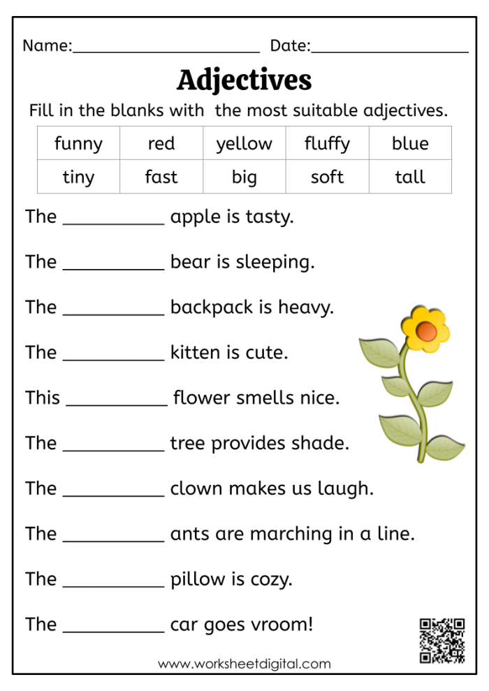 Second grade adjective word search phonics worksheet featuring descriptive vocabulary